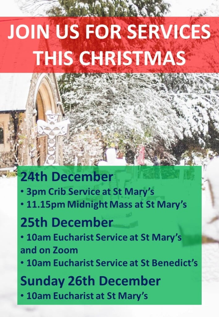 Christmas Service times poster at St Mary's and St Benedict's 2021