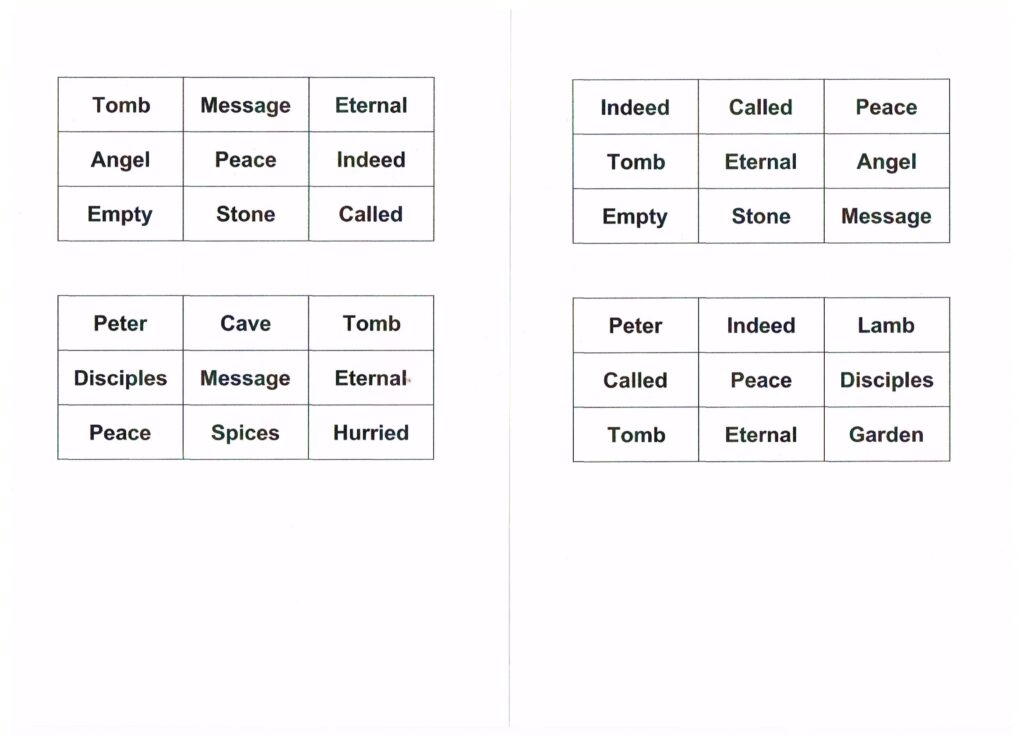 Easter Day Sermon bingo card – Benefice of Langelei