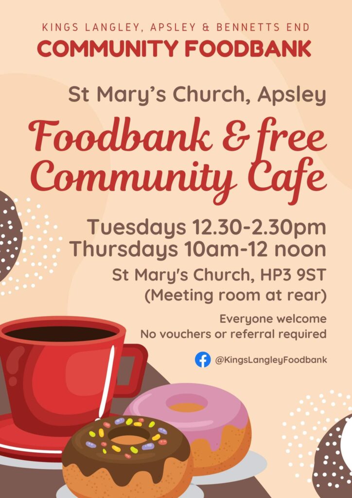 Foodbank at St Mary’s. Open Tuesday 12.30pm until 2.30pm and Thursday 10am until 12 noon.