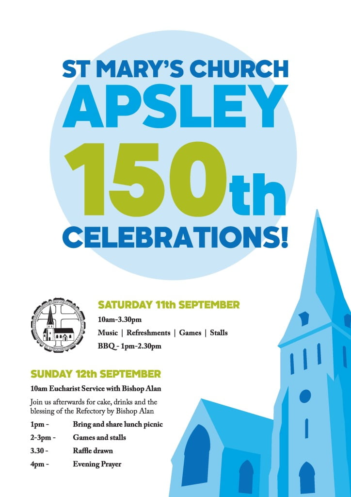 St Mary's 150th annversary poster. Events on Saturday 11th and Sunday 12th Septermber 2021.