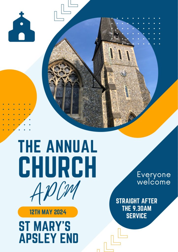 Apcm meeting for st Mary’s is on 12th May straight after the 9.30 service. All welcome.