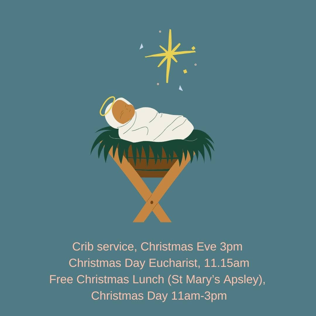 Crib service on Christmas Eve at 3pm. Eucharist service on Christmas Day at 11.15am. St Mary’s Apsley End free Christmas dinner from 11am until 3pm. 